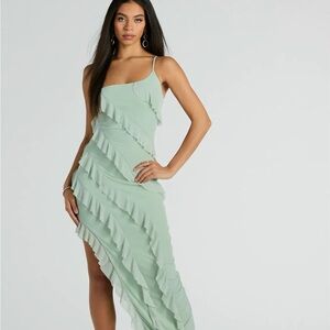 Windsor Sage Asymmetrical Ruffle Cascade Dress
